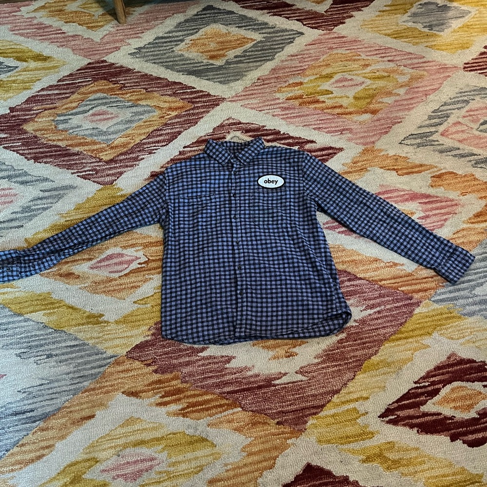 Obey Blue Button Down Shirt Classic Checkered Design